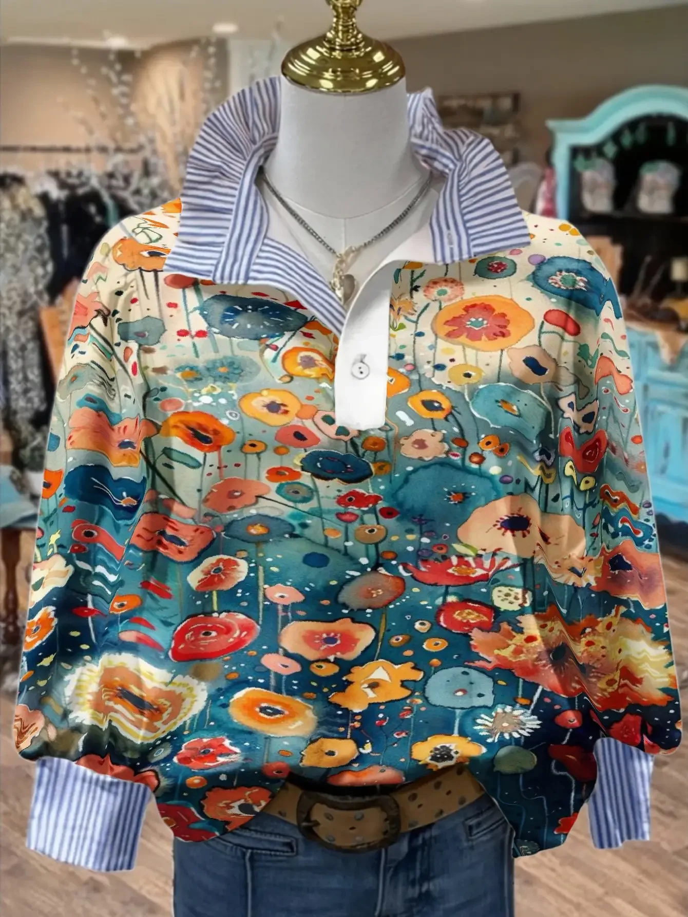 Women's striped shirt with multi-color striped collar and Lotus leaf, lotus pattern top