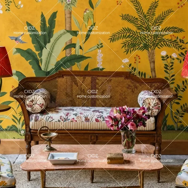 Retro Solid Wood Natural Rattan Sofa Nanyang Style Double Three Seater Light Luxury Antique Villa Simple Living Room