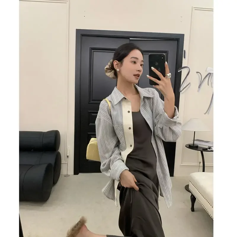 

Women New Retro Design Jacket Top Loose Spliced Blue Striped Long-sleeved Shirt For