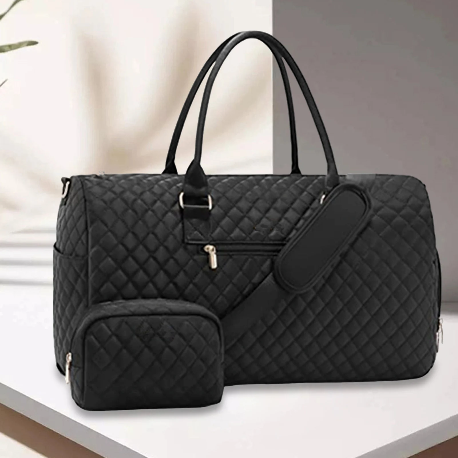 Women Large Travel Duffle Bag Solid Color Quilted Carry On Bag with Toiletry Bag for Fitness Shoulder Bags