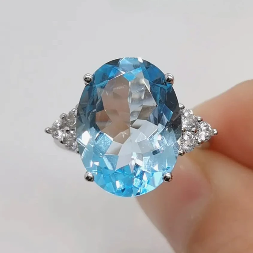 Luxury Natural Topaz Ring with Certificate12mm*16mm VVS Grade Light Blue Topaz Silver Ring with 3 Layers 18K Gold Plating