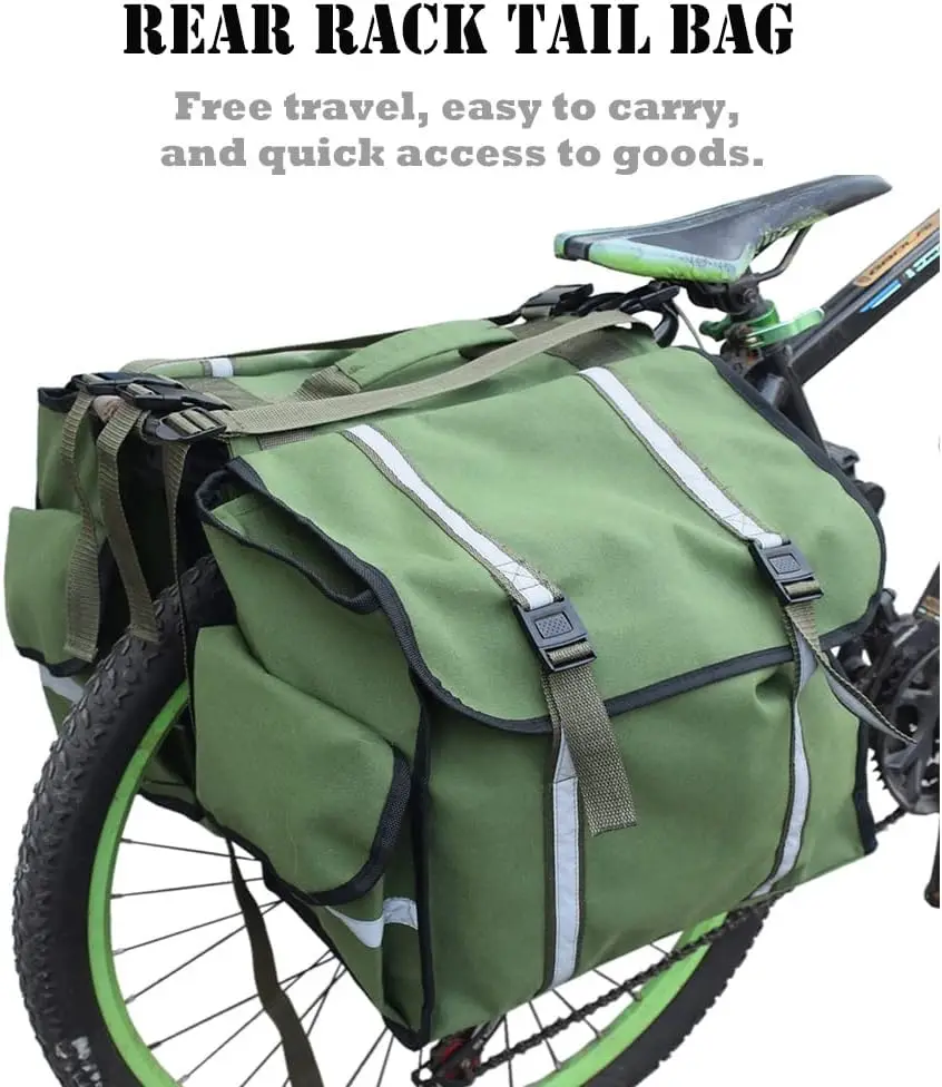 50L Portable Canvas Bike Pannier Bag with Reflective TrimBike Rear Seat Saddle Bag for Grocery Shopping Commuter Long Cycling Tr