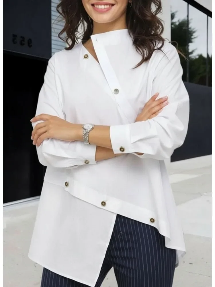 Weiße Hemden mit asymmetrischem Knopf für Damen, 2026, neuer Stehkragen, lange Ärmel, unregelmäßiger Saum, lockere, lässige Büroblusen, Tops