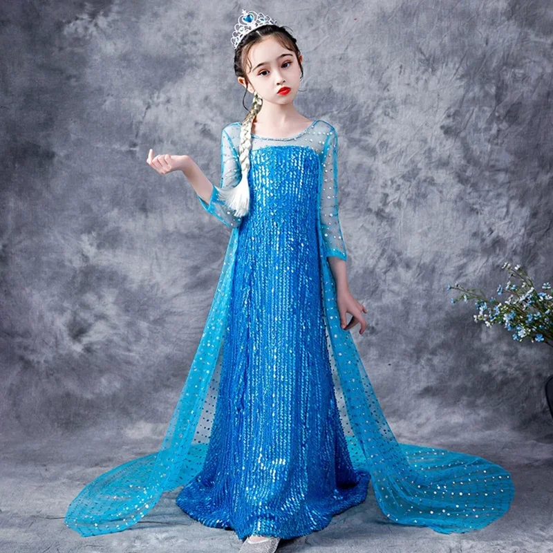 Elsa Cosplay Dress for Girl Party Elza Sequins Fancy Princess Dress UP Cosplay Ball Gown Birthday Carnival Disguise Clothing JYF