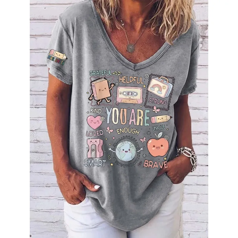 ilstile Women's Loved Brave Letter Print T-Shirts  Summer Short Sleeve Casual Loose V Neck Tops Blue Green Tee New Arrival