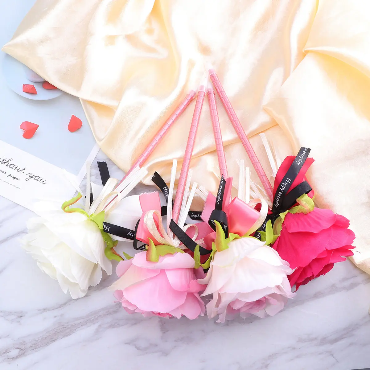5Pcs Decorative Flower Ballpoint Pens with Ribbon-Twisted Body and Blossom Tips Novelty Writing Tools for Women Students