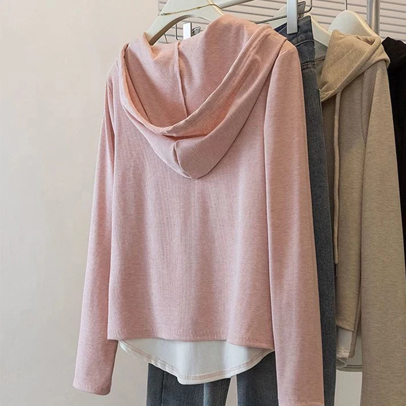 Spring Irregular Hem Women Long Sleeve Hooded T Shirt Fake Two Piece Korean Fashion All-match 2xl Oversized Pullover Black Khaki