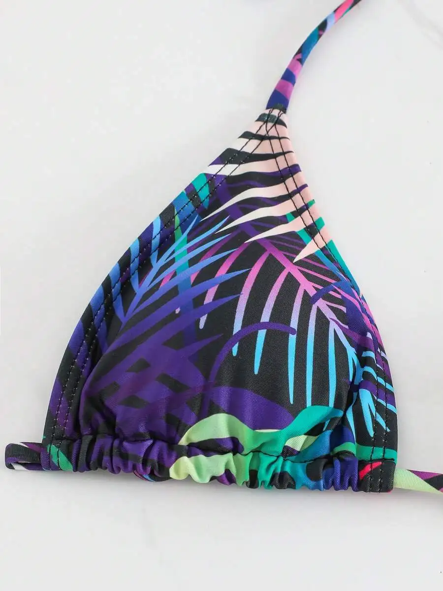 

3-Piece Women’s Vibrant Tropical Palm Print Triangle Bikini With Detachable Sarong For Beach Vacation Summer Wear