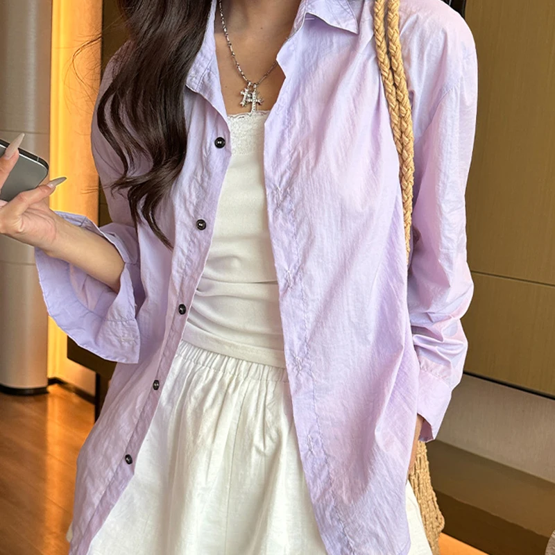 

2025 Summer Thin Long Sleeve Blouse Women Casual All Match Long Sleeve Solid Shirt Woman Turn Down Collar Chic Shirts Female
