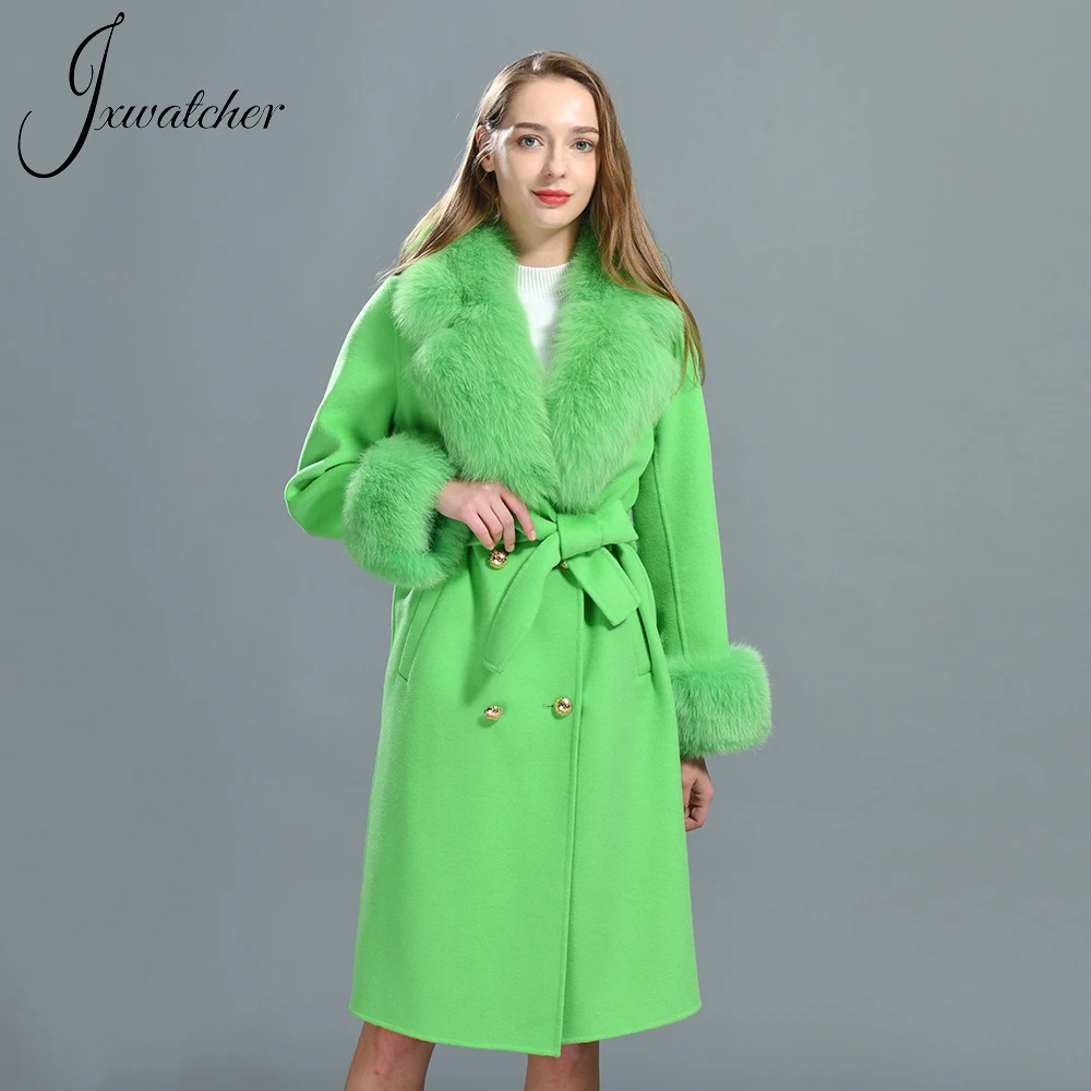 Jxwatcher Wool Coats and Blends Real Fox Fur Collar and Cuffs Ladies Autumn Winter Fashion Long Trench Solid Full Sleeve Coat