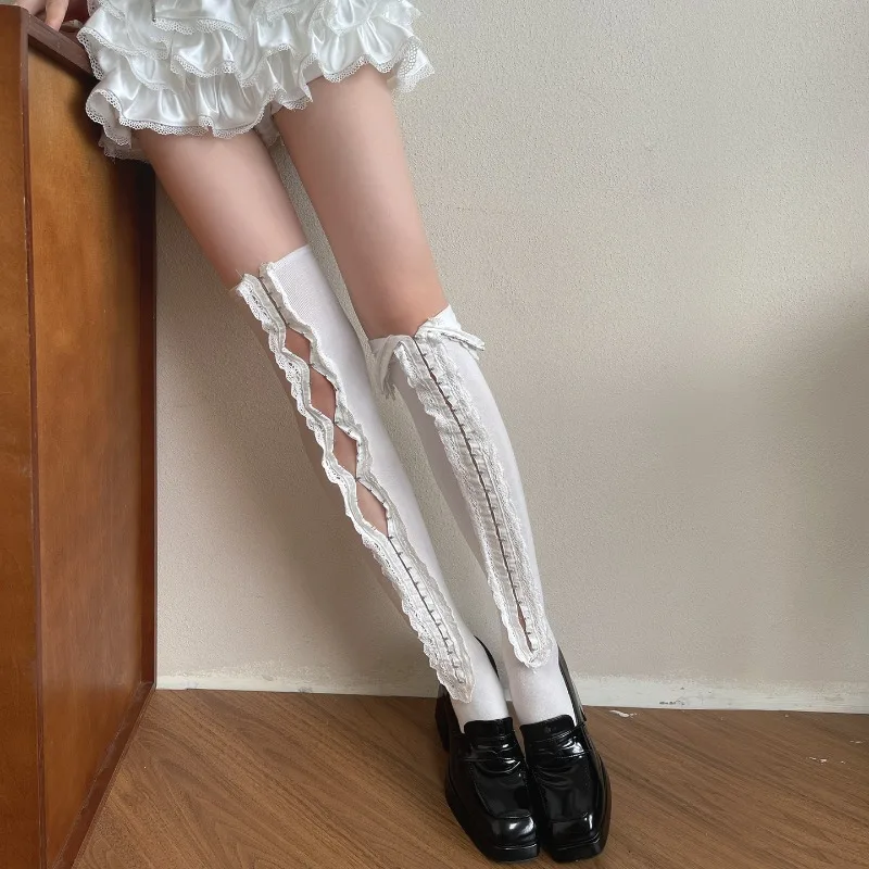 2025 Autumn New Millennium Y2K Stockings Hot Girl Retro Underwear Buckle Lace Hollow Unique Design Long Tube Calf Pile Socks