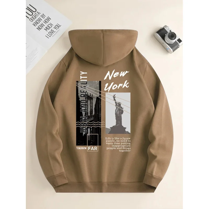 

Men's new fashion hoodie, Casual Daily Drawstring Hooded Sweatshirt Street View Print, front kangaroo pocket, men's jacket