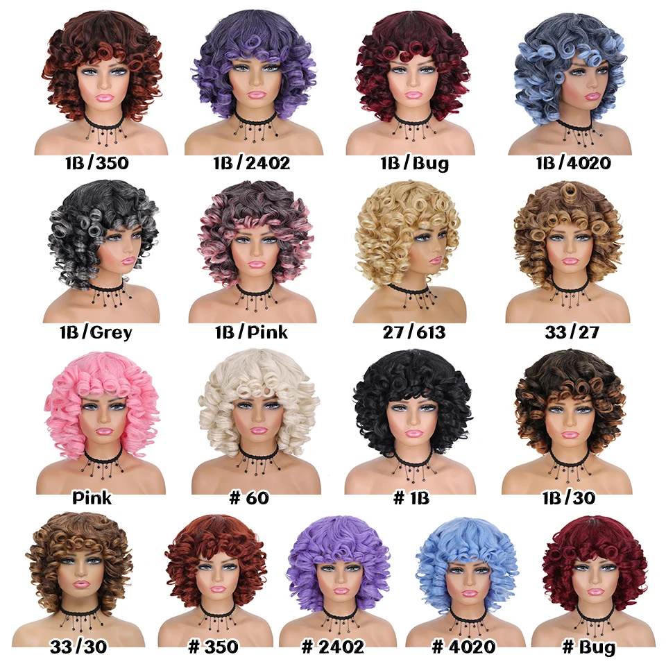 Synthetic Pink Cosplay Wig With Bangs For Black Women Short Hair Afro Kinky Highlight Wigs Ombre Blonde Blue Red Brown Grey Wigs