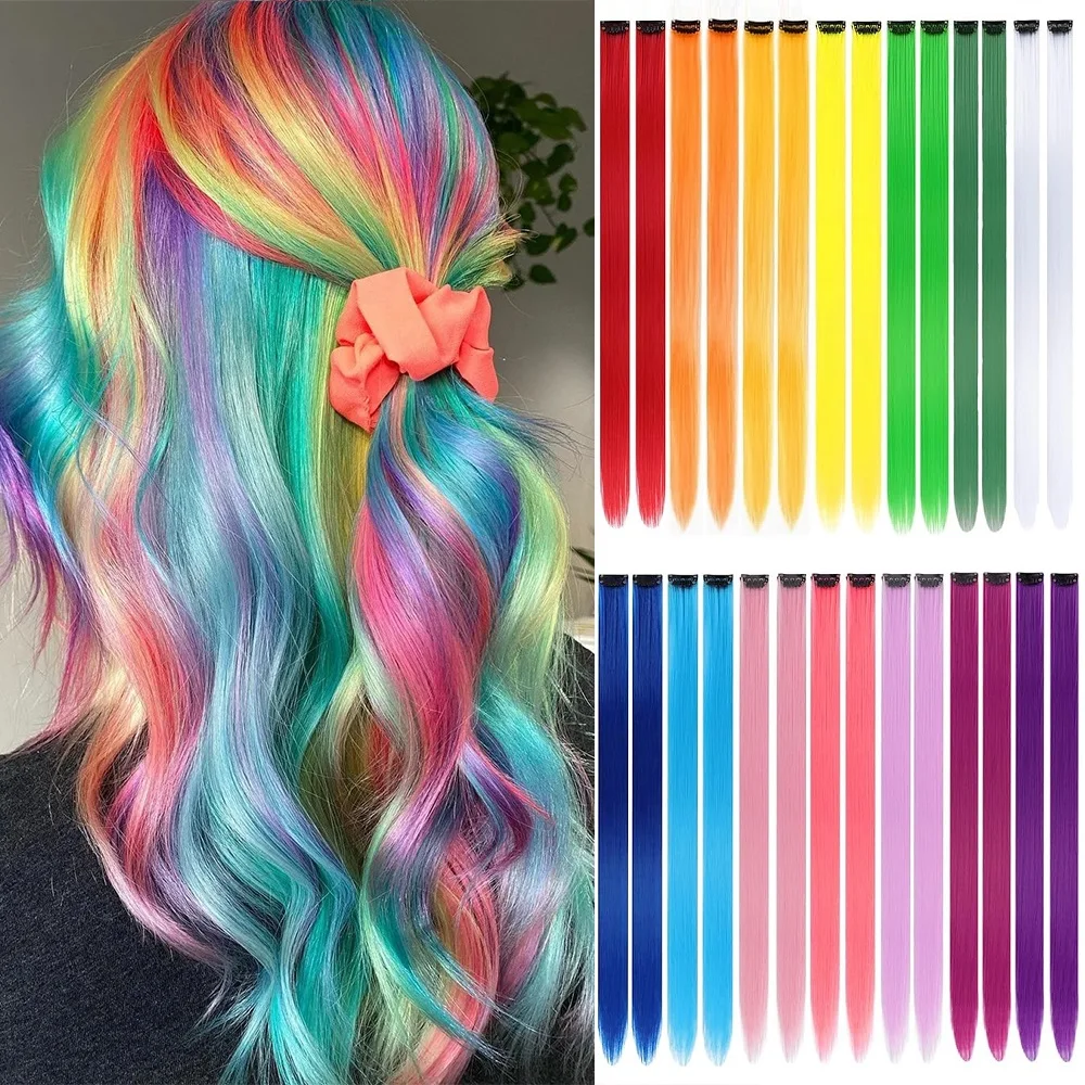 28PCS/Set Colored Party Highlights Clip-In Hair Extensions for Girls 22 Inches Multi-Colors Straight Hair Synthetic Hairpieces