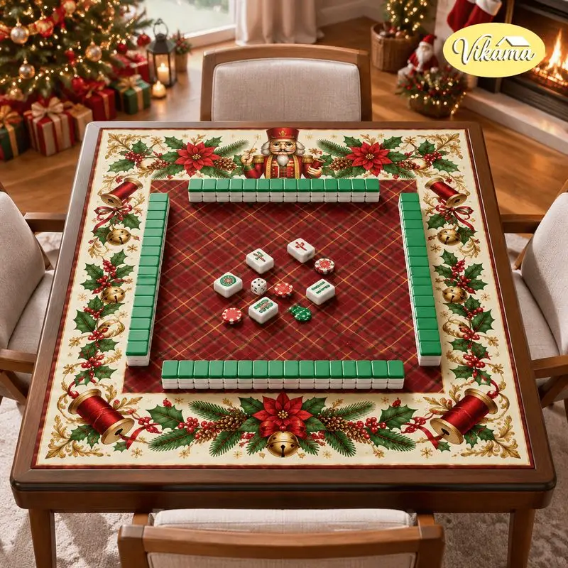 VIKAMA Christmas Mahjong Mat Red Plaid Poinsettia Holly Bells Foldable Mahjong Table Mat Cover Table Game Holiday Party Decor