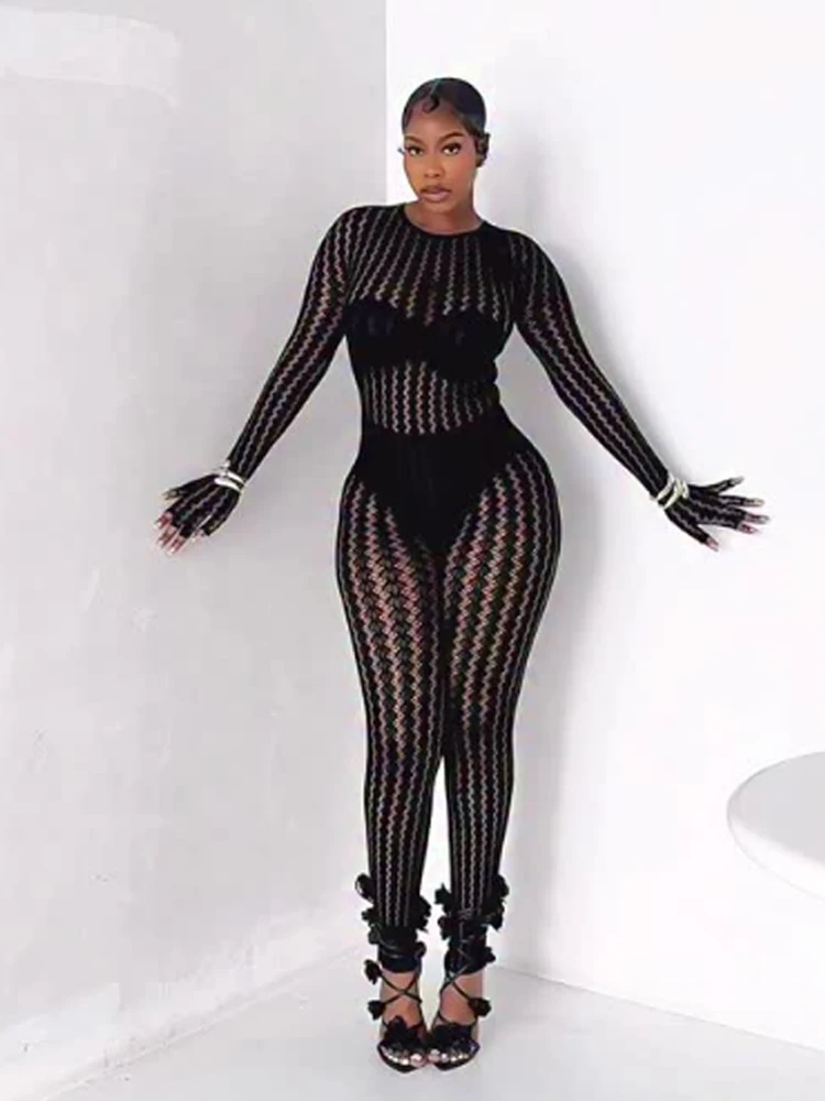 

Weird Puss Sexy See Through Jumpsuit Women Coquette o-Neck Full Sleeve Stretch Hipster Skinny Fit 2026 Spring Clubwear Overalls