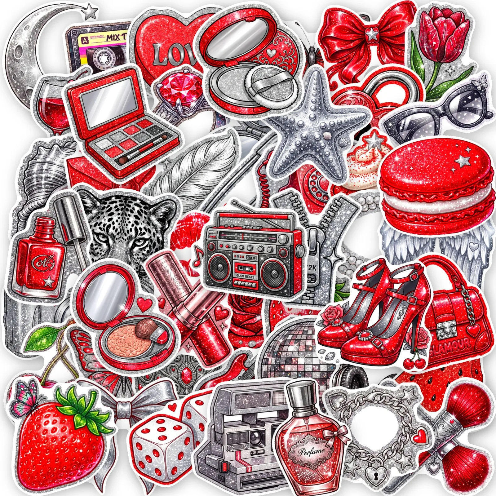 50Pcs Red Silver Glitter Y2K Aesthetic Stickers Coquette Disco Retro Beauty Heart Bow Butterfly DIY Journal Luggage Decor Decals