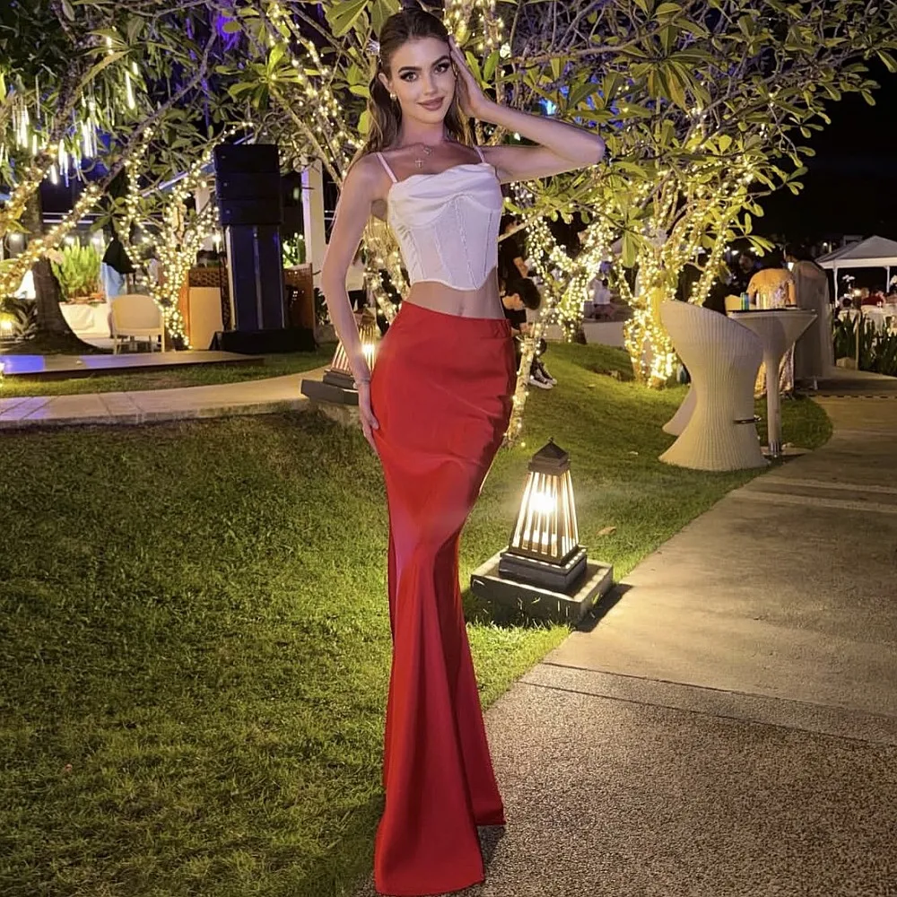 

Темно-красная длинная атласная юбка-русалка без топа, облегающая, для женщин, на день рождения