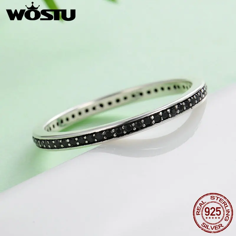 WOSTU Authentic 925 Sterling Silver Finger Stackable Rings With Black CZ For Women Fashion Jewelry Fine Gift FIR114