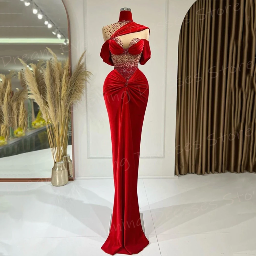 2025 Arabia modesto elegante rojo sirena De las mujeres encantadores vestidos De Noche cuello alto con cuentas vestidos De graduación personalizado Vestido De Noche