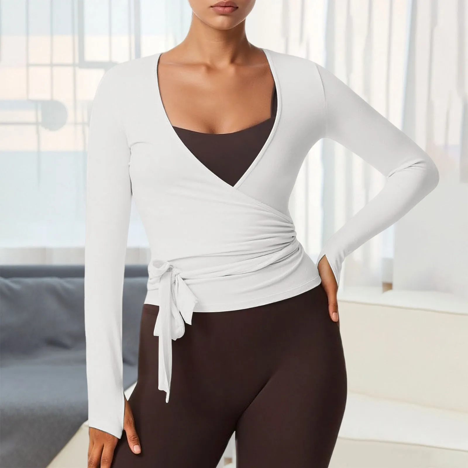 

V-Neck Women's Tie Knot T-Shirt Basic Solid Slim Fit Top Long Sleeve Versatile Yoga Fitness Women Athletic Gym Workout Tees