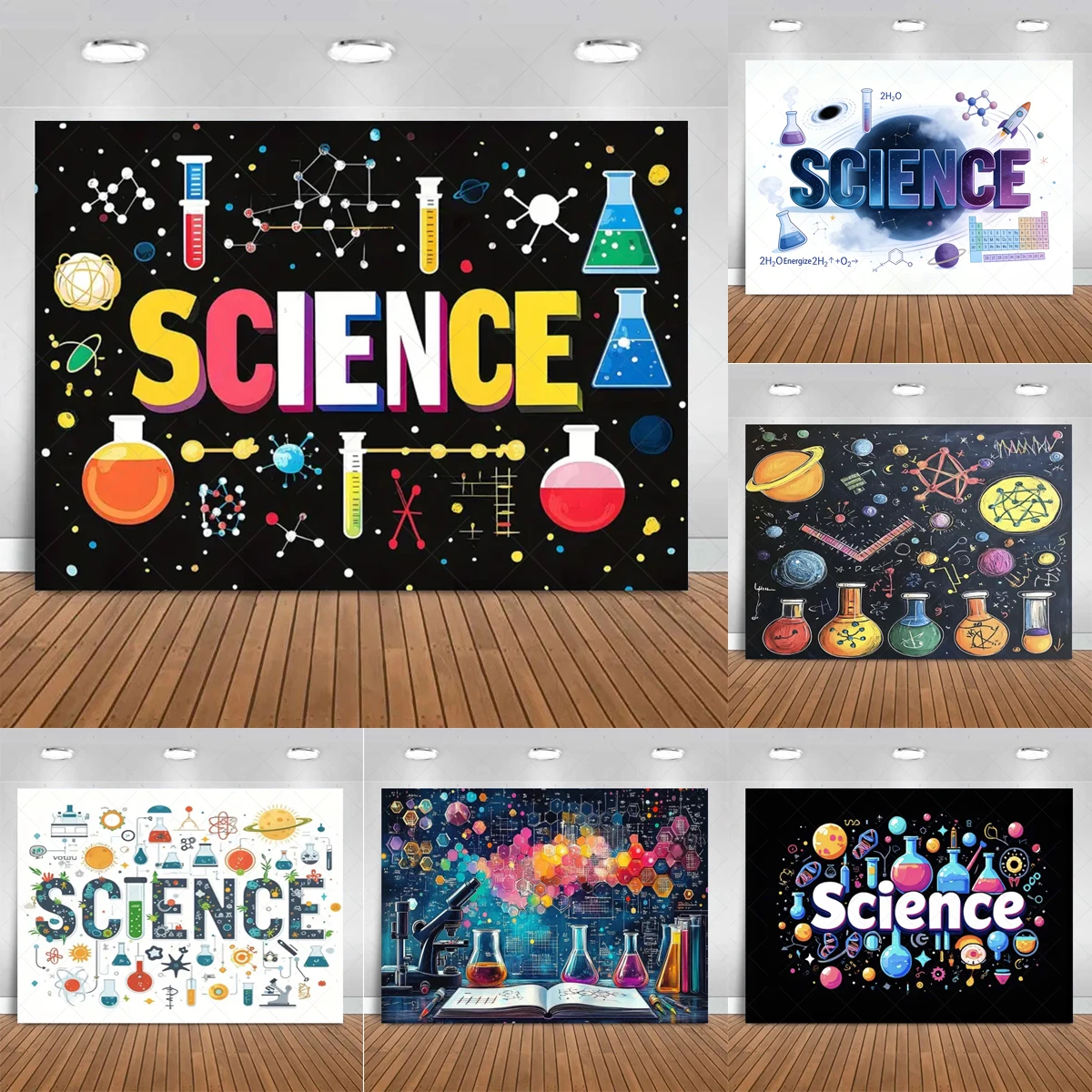 

Cartoon Laboratory Chemical Science Fun Backdrop Mad Scientist Invitation Children Birthday Party Decorations Background Props