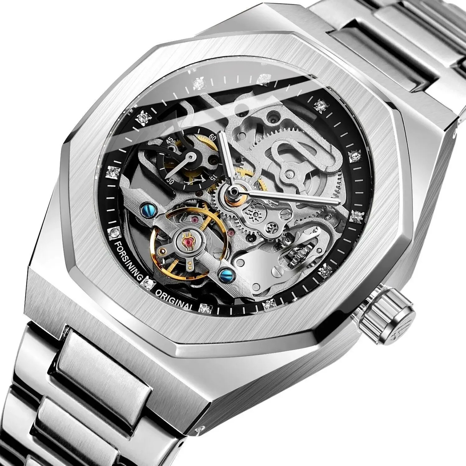 Business Watch Mens Mechanical Skeleton Crystal Black Dial Analog Self Winding Luxury Silver Stainless Steel Band Wristwatch