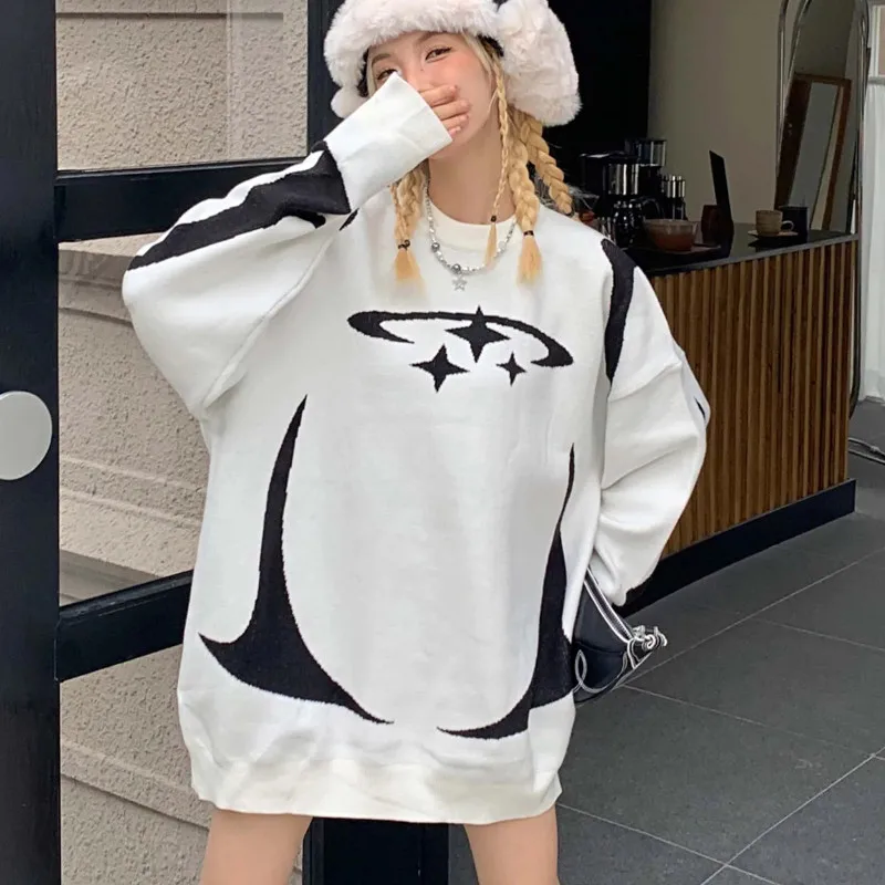 Hip Hop Knitted white Sweater Abstract Art Men's Women's Sweater y2k Harajuku Fashion Loose Tops Casual Streetwear Pullover Emo