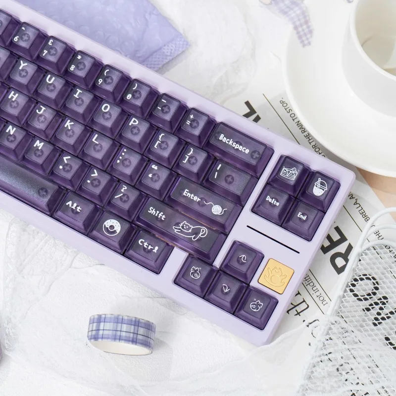 Cute Meow Dessert Theme Keycaps Purple Mist Transparent PC Cherry Profile Custom Gaming Keycaps for Mechanical Keyboard PC Gift