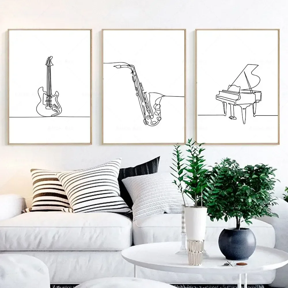 （2D Canvas painting） Nordic Piano Guitar Saxophone Line Draw Minimalist Wall Art Print Canvas Painting Posters for Living Roo