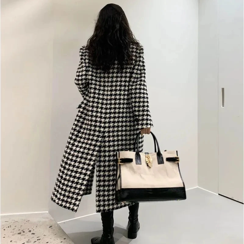 

2024 Autumn New Korean Thousand Bird Checker Coat Fashion Women's Loose Plaid Woolen Coats Double Breasted Female Long Overcoat