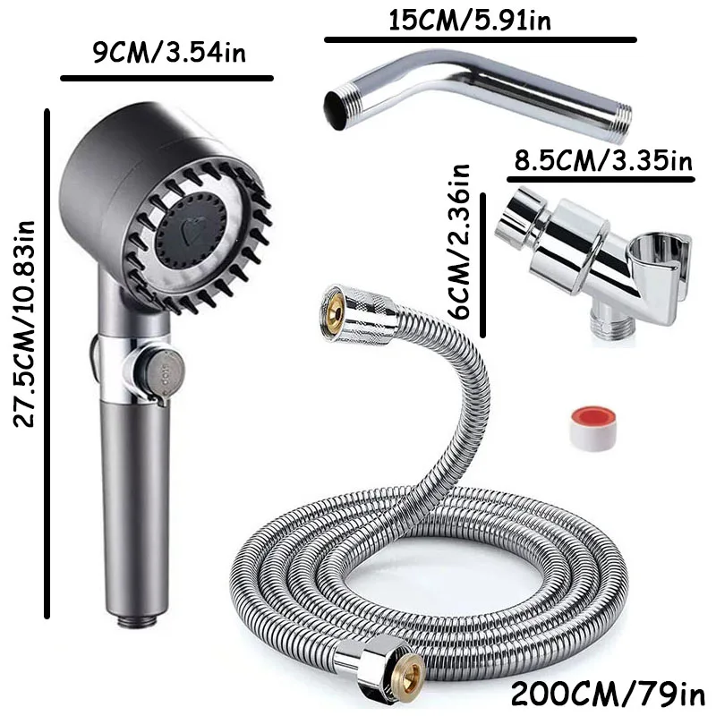 1-piece shower set with 3-position shower head, 79-inch shower hose, adjustable bracket and waterproof tape and inlet hose