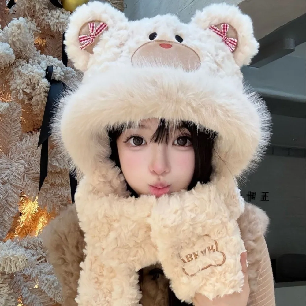 Cute 3-in-1 Little Bear Hooded Scarf Windproof Keep Warm Gloves Scarf Hat Fluffy Ear Protection Winter Scarf Outdoor