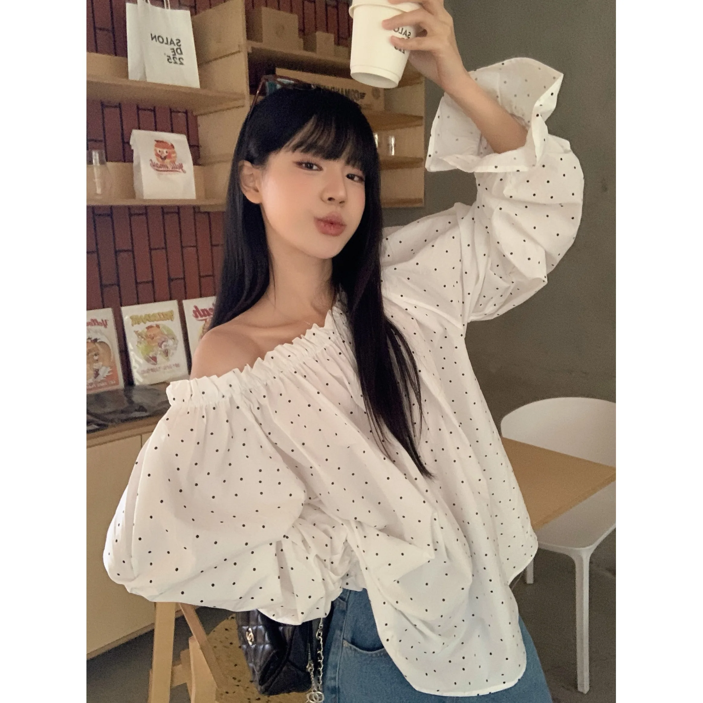 

Sweet Polka Dot Print Long Sve irt Korean Sle Loose Fit Slimming Top Summer New Design Casual Women's Faion Blouse