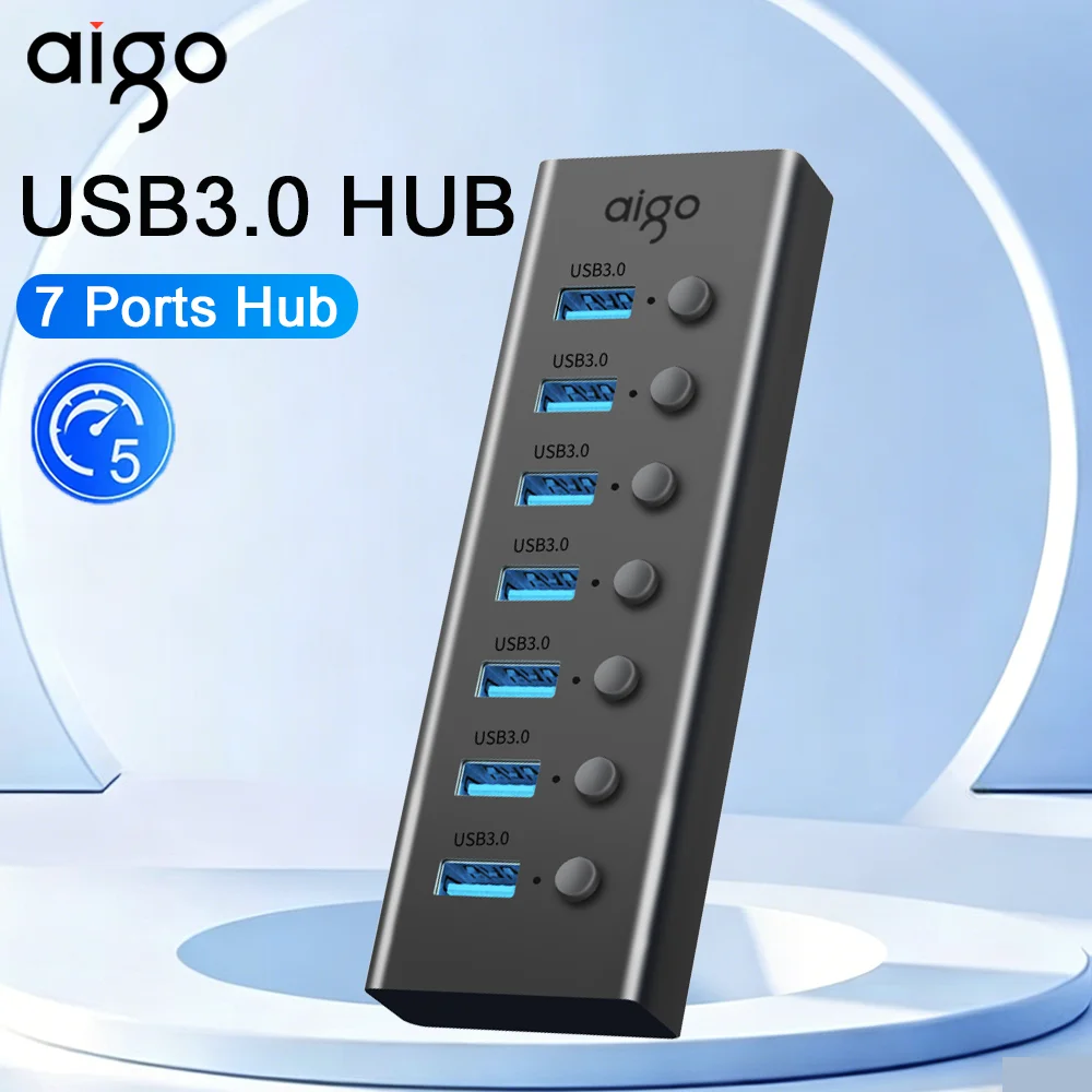 AIGO 7Port USB3.0 HUB Multiple Splitter 5Gbps High Speed Docking Station USB Ports Extender For Window Mac OS Linux Other System