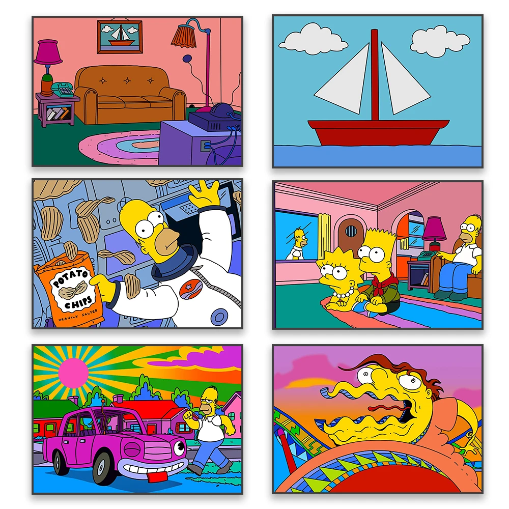 Disney Simpsons Living Room Canvas Painting Movie Retro Funky Car Prints Simpsons Boat Landscape Poster Home Kids Bedroom Decor