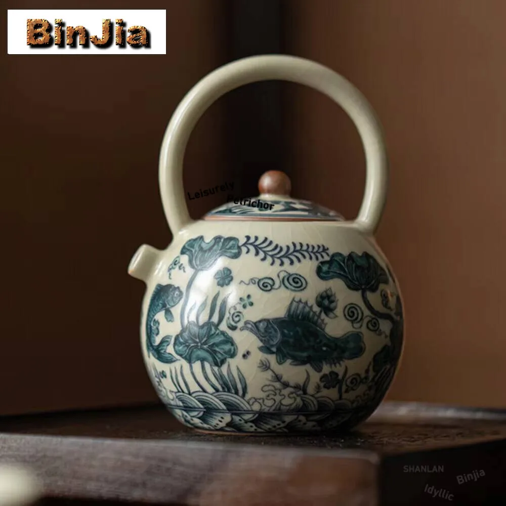 260ml Imitation Song Ru Kiln Teapot Retro Fish And Algae Pattern Lifting Beam Pot Tea Soaking Kettle Services Collection Craft