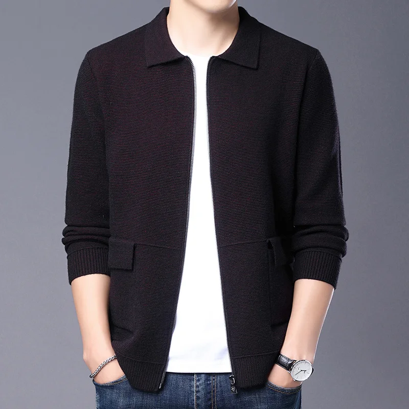 cardigan Knitted men's coat lapel sweater business casual solid color zipper pocket sweater jacket