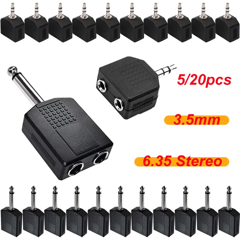 5/20Pcs Y Splitter Dual Channel Plug Jack 6.35 Stereo Male to Double 3.5 Female Connector for Audio Adapter Headphone Mic