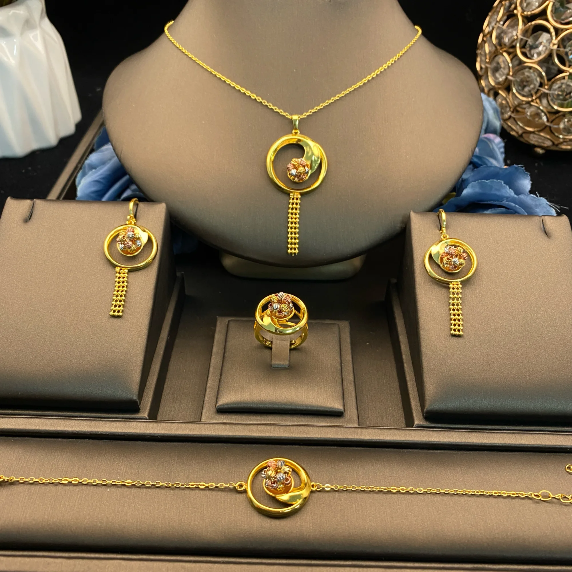 JRH 4PCS Jewelry Set for Women Gold Plated Zircon Necklace Earrings Bracelet Ring Suite Classic Rhodium Plated Gift for Her