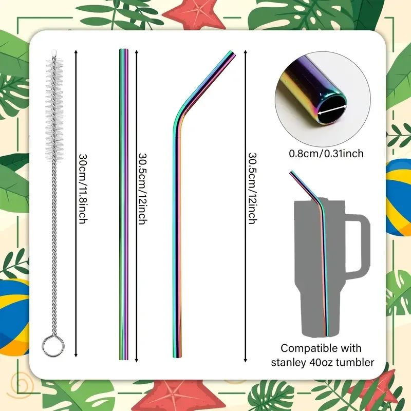 6pcs, Extra Long Metal Replacement Straws For Stanley 40oz Adventure Travel Tumbler, 12\'\'x 8 MM Stainless Steel Drinking Straws