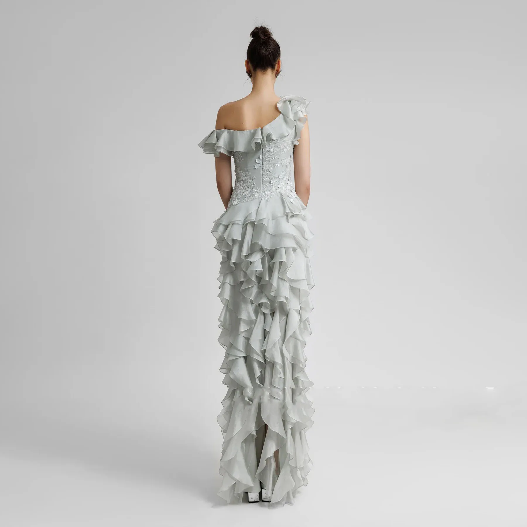 Maxi Applique Gorgeous Satin Silver Long Party Prom Gowns Layered Off The Shoulder Elegant Evening Gown For Women Arabian Dress