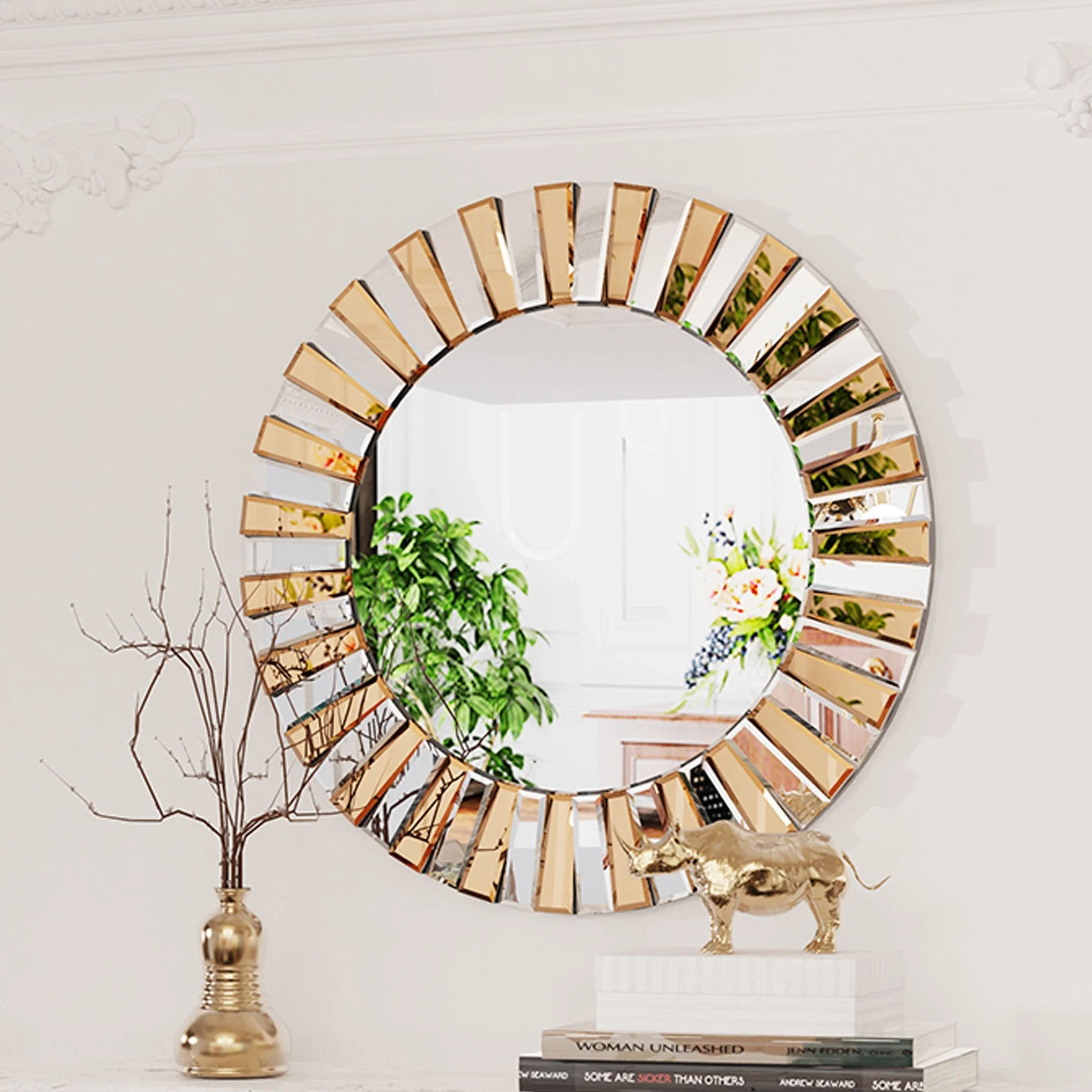 Round Sunburst Decorative Wall Mirror Household Beveled Edge Glass Bathroom Vanity Mirror Hanging Accent Mirrors for Living Room