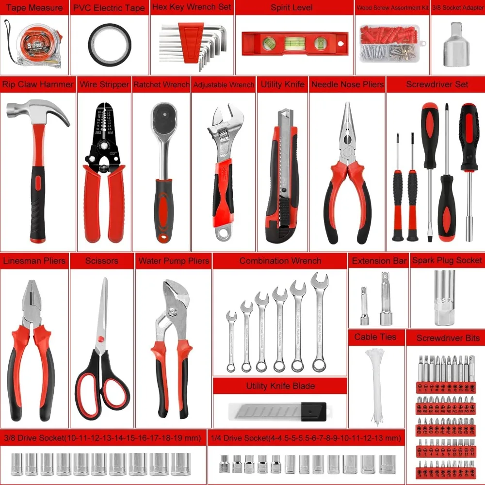 Home Tool Kit 287PCs - Complete Repair General Hand Tool Set for Men Women - Household Tool Kit for Home Improvement