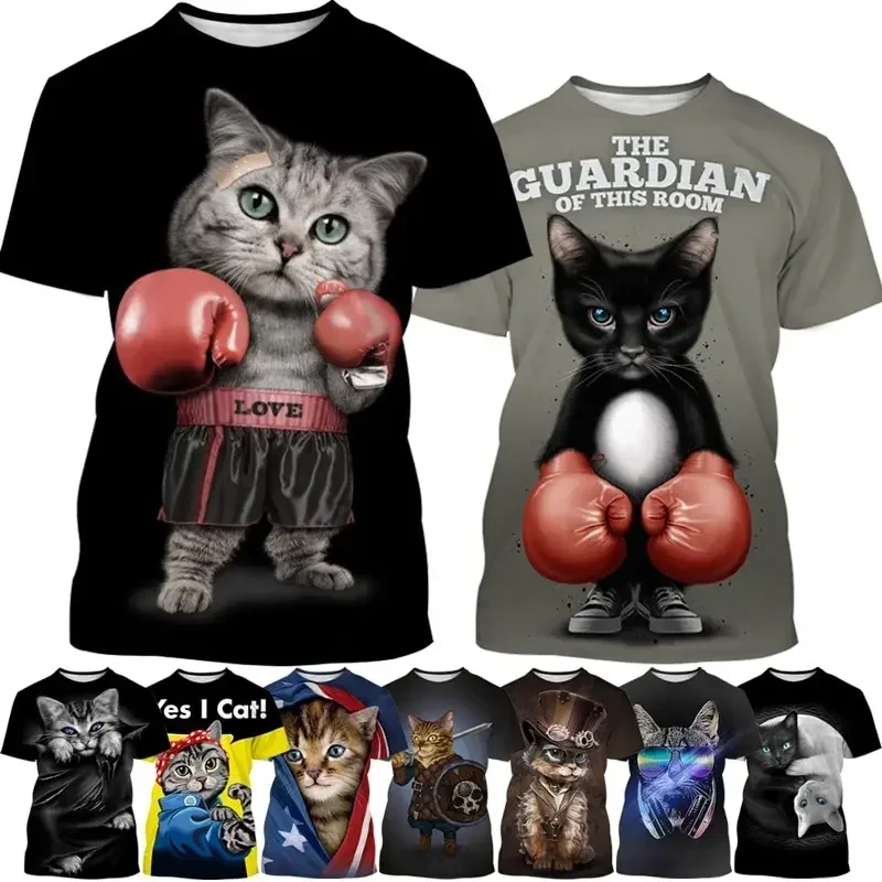 T-shirt engraçada de gato bonito estampado em 3D com animal, camiseta com decote em O, grande, manga curta, casual trend tops, moda verão, nova