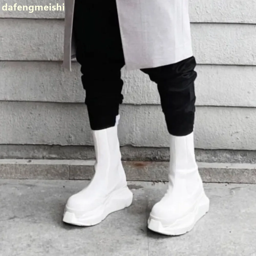 Black/white Thick-Sole Chelsea Boots Women Height-Enhancing Elastic Short Boots Platform Wedges Slip On Fashion Motorcycle Boots