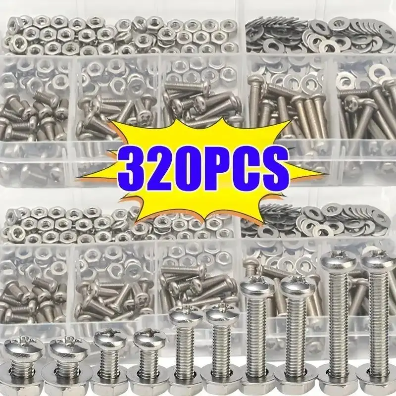320Pcs Hex Button Socket Head Cap Screw Assortment Kit 304 Stainless Steel Hexagon Thread Machine Metric Nut Bolt Set M2 to M5