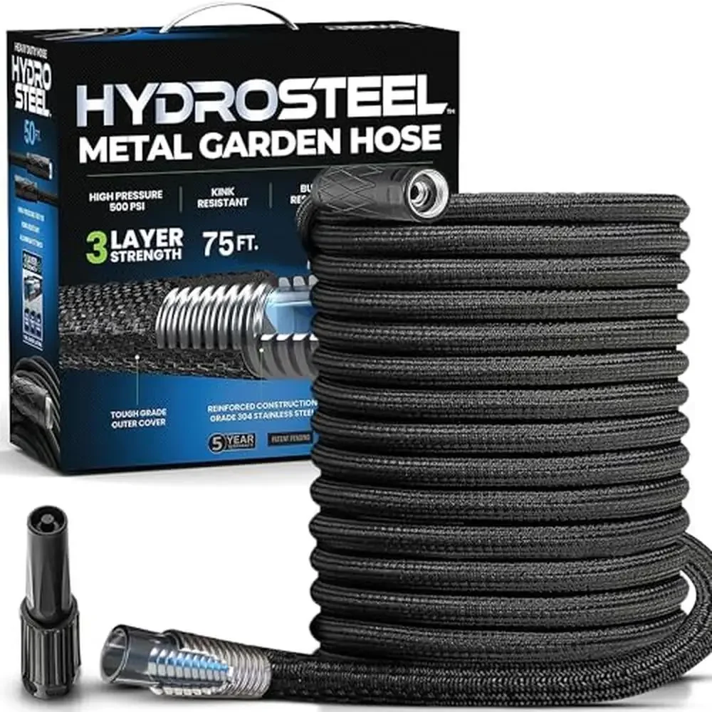 Hydrosteel 25Ft Garden Hose Steel Metal Water Hose 25Ft Heavy Duty Flexible Lightweight Crush/Kink Resistant Commercial