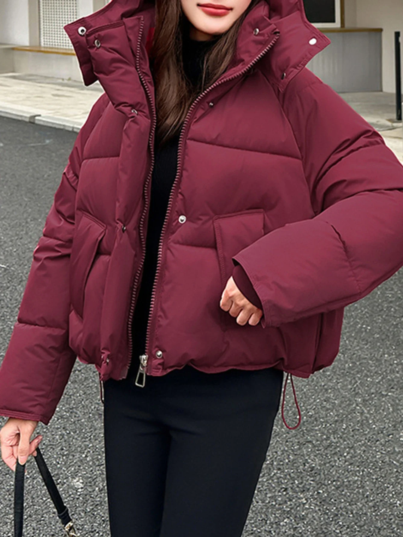 Women's Long Sleeve Hooded down Coat K-Fashion Solid Color Casual Autumn Winter Regular Fit Cotton Jacket