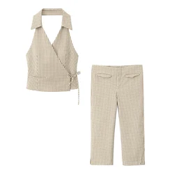 PB&ZA 2024 Spring New Women's Fashion and Elegance Casual Versatile Checkered Print Hanging Neck Top Capri Pants Set